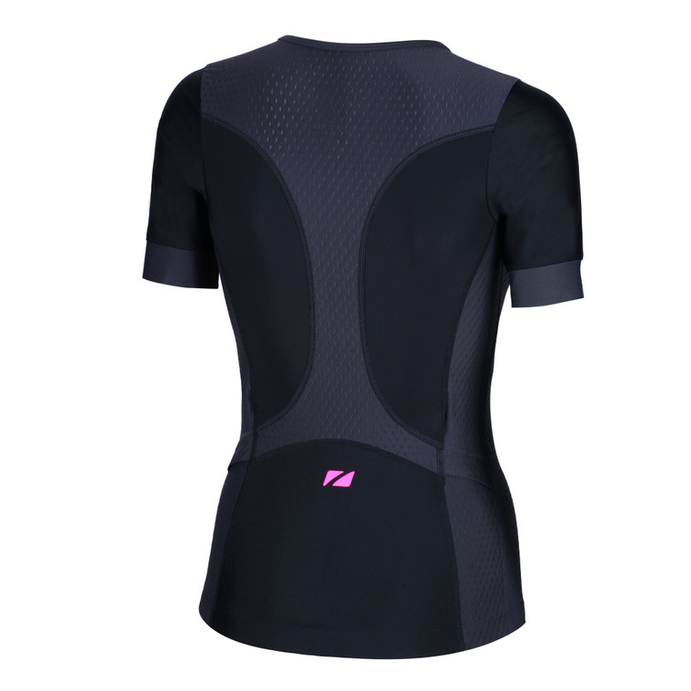 Zone3 Women's Aquaflo Plus Short Sleeve Tri Top - 2021 Zone3 Women's Aquaflo Plus Short Sleeve Tri Top - 2021 -tyr-shop Womens Aquaflo SS Top Black Grey Pink Back 19020.1582819046