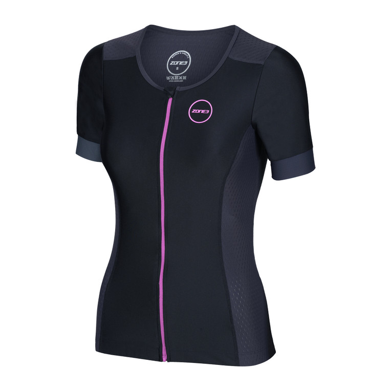 Zone3 Women's Aquaflo Plus Short Sleeve Tri Top - 2021 Zone3 Women's Aquaflo Plus Short Sleeve Tri Top - 2021 -tyr-shop Womens Aquaflo SS Top Black Grey Pink Front 84506.1582819042